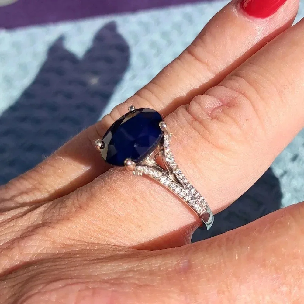 Blue Sapphire and Moissanite Ring in 925 Sterling Silver